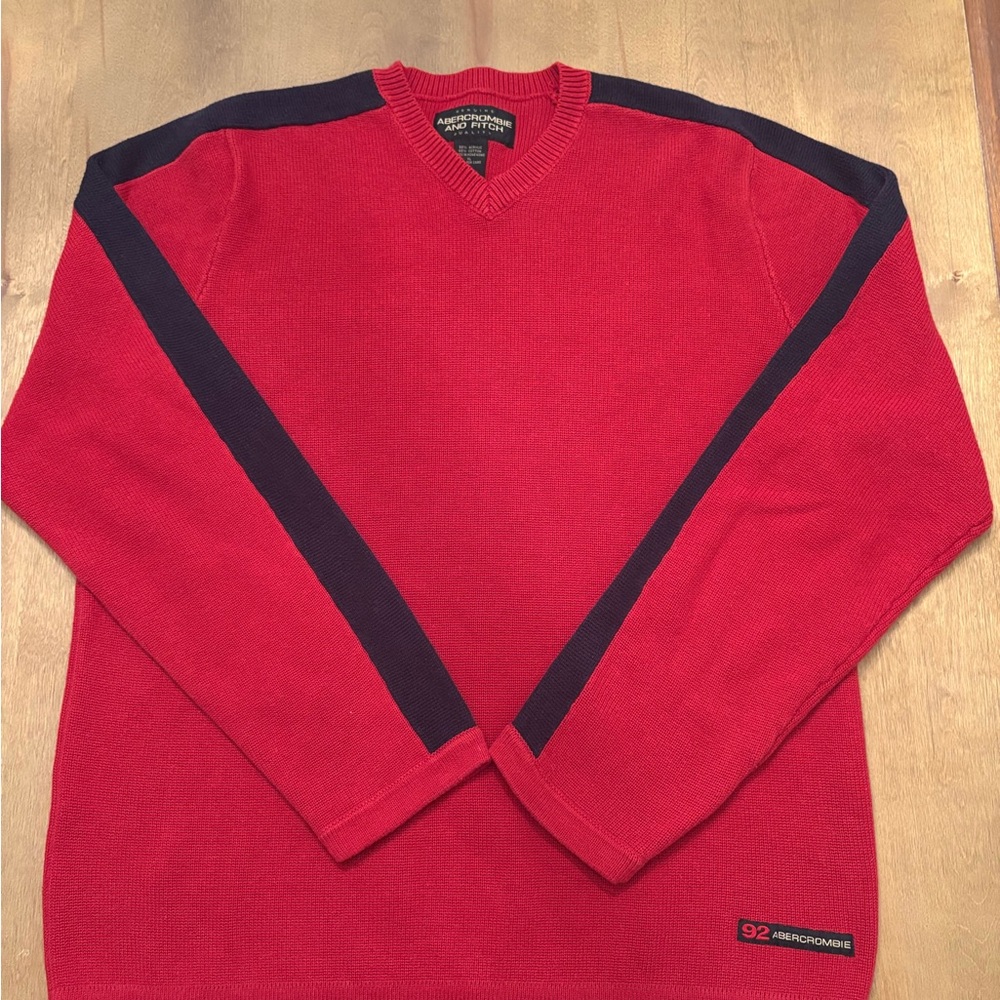 Vintage Abercrombie & Fitch Red V-Neck Sweater with Black Stripes